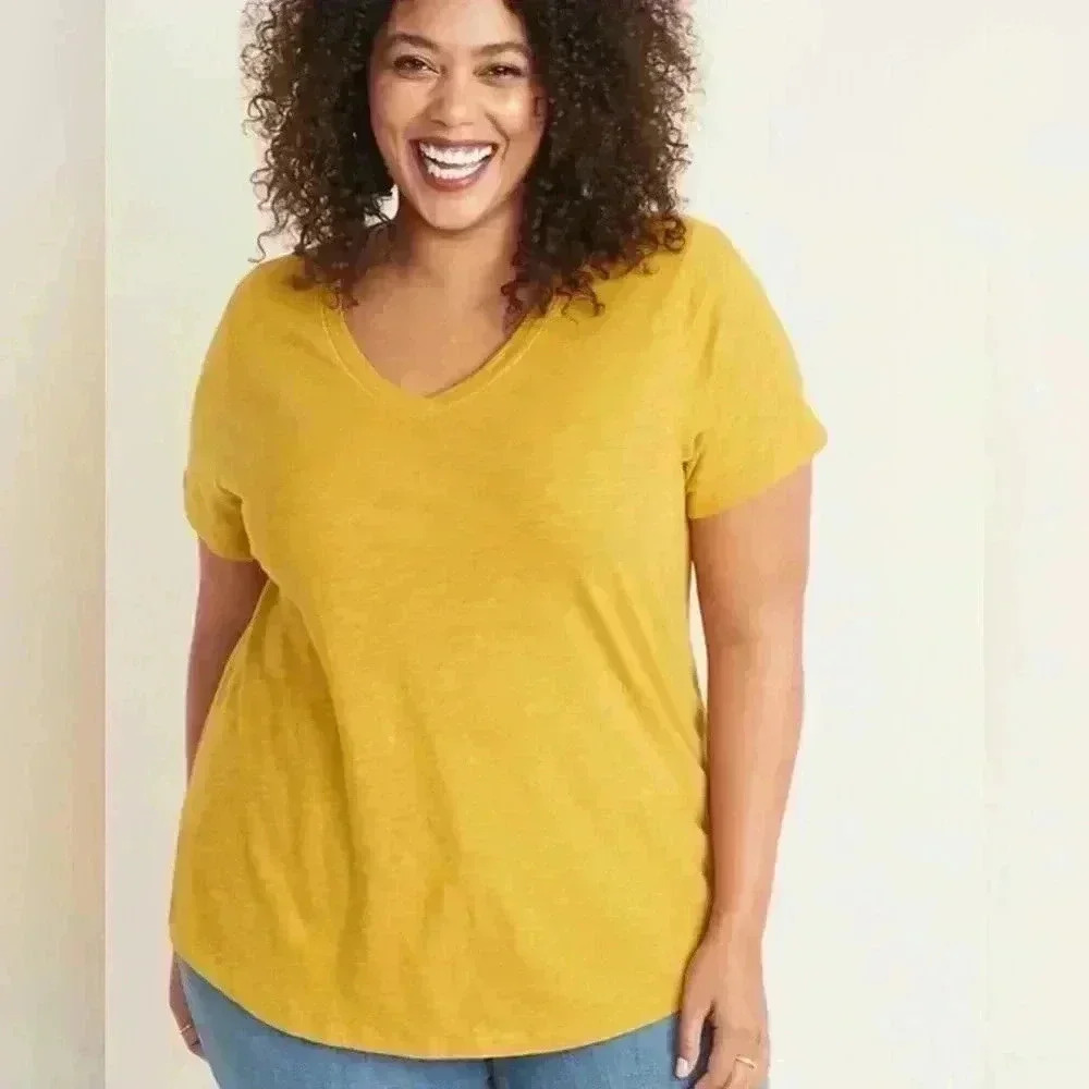 EILEEN FISHER Organic Cotton Slub Jersey Top In Yellow V-Neck L